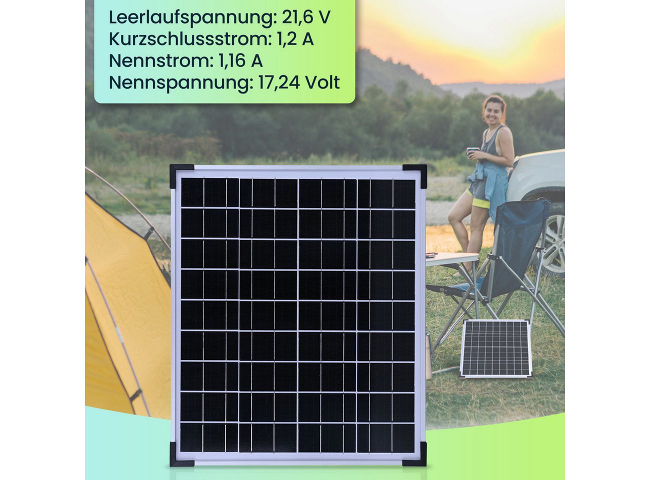 Casativo Solarmodul Monokristallines Solarpanel 20W 21,6V Modul für 12V Batterien, 3,5m Anschlusskabel/mit Glasplatte /für Outdoor Bild 2
