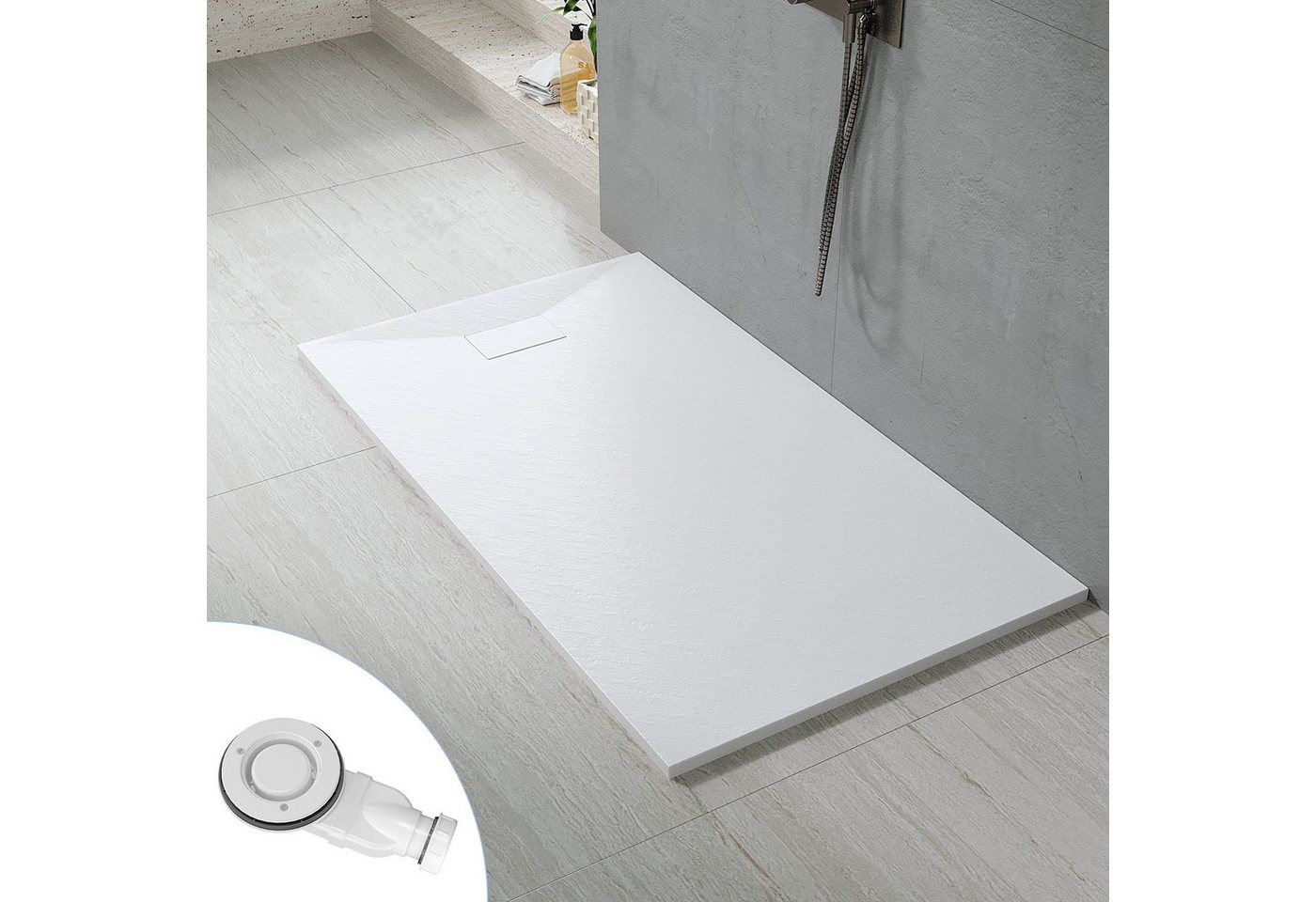 AQUABATOS Eckduschwanne SMC Eckduschwanne mit 160x80 160x90cm weiß mit Ablaufgarnitur, mit Ablaufgarnitur,weiß,Anti-Rutsch,Zuschneidbar,Steinoptik,superflach,bodenebene Montage,Rechteck Bild 3