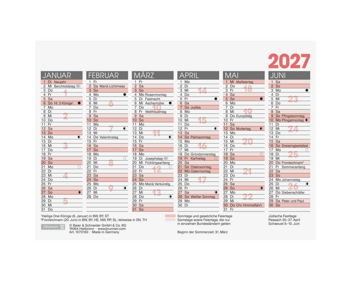 BRUNNEN Terminplaner Tafelkalender A6quer 2027