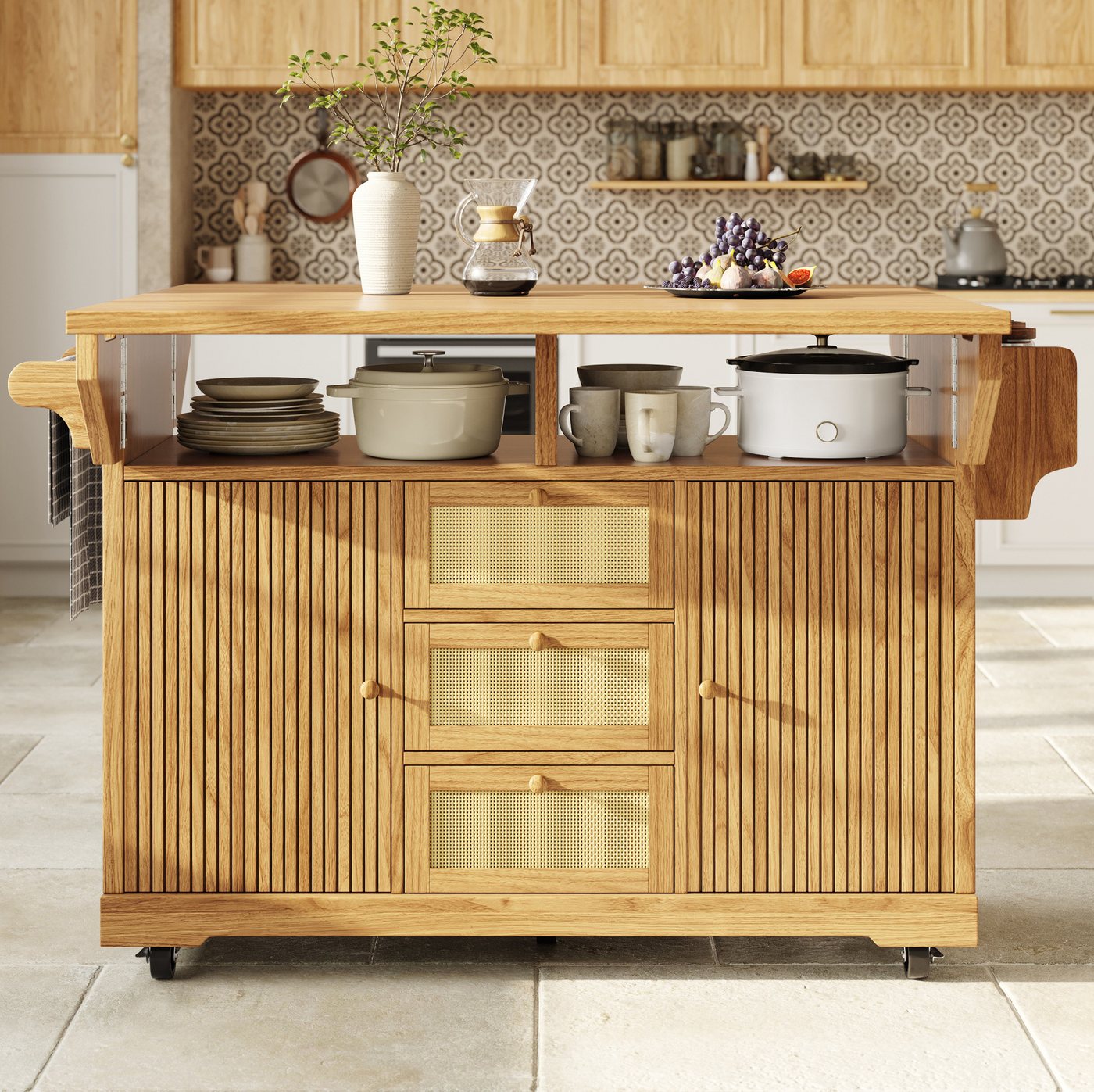 OKWISH Küchenwagen Multifunktionaler Servierwagen, (mit ergonomischer Höhe, PE-Rattanschubladen, mobiler Rollwagen für Küche, Balkon & Camping, 1 St., 142.5*(40/80)*95cm), mit Rollen