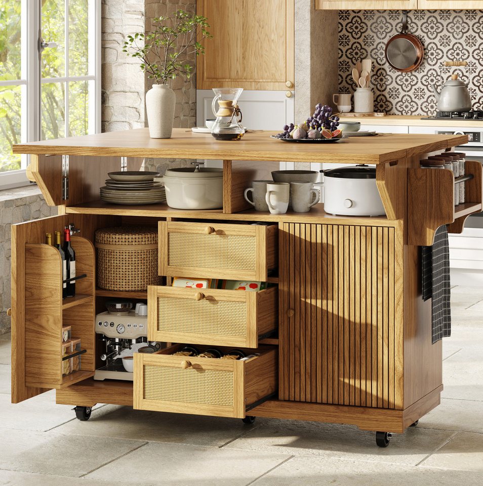 OKWISH Küchenwagen Multifunktionaler Servierwagen, (mit ergonomischer Höhe, PE-Rattanschubladen, mobiler Rollwagen für Küche, Balkon & Camping, 1 St., 142.5*(40/80)*95cm), mit Rollen Bild 3