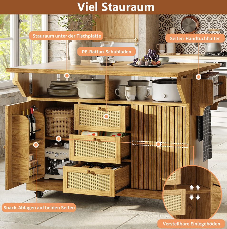 OKWISH Küchenwagen Multifunktionaler Servierwagen, (mit ergonomischer Höhe, PE-Rattanschubladen, mobiler Rollwagen für Küche, Balkon & Camping, 1 St., 142.5*(40/80)*95cm), mit Rollen Bild 5