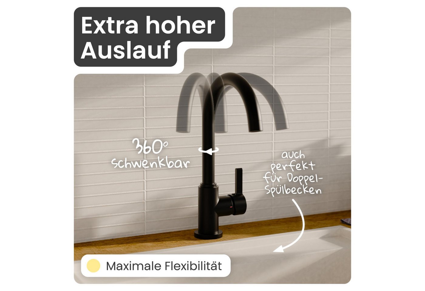 instmaier Spültischarmatur Leona 360° schwenkbar, Schwarz matt, Hochdruck Bild 3