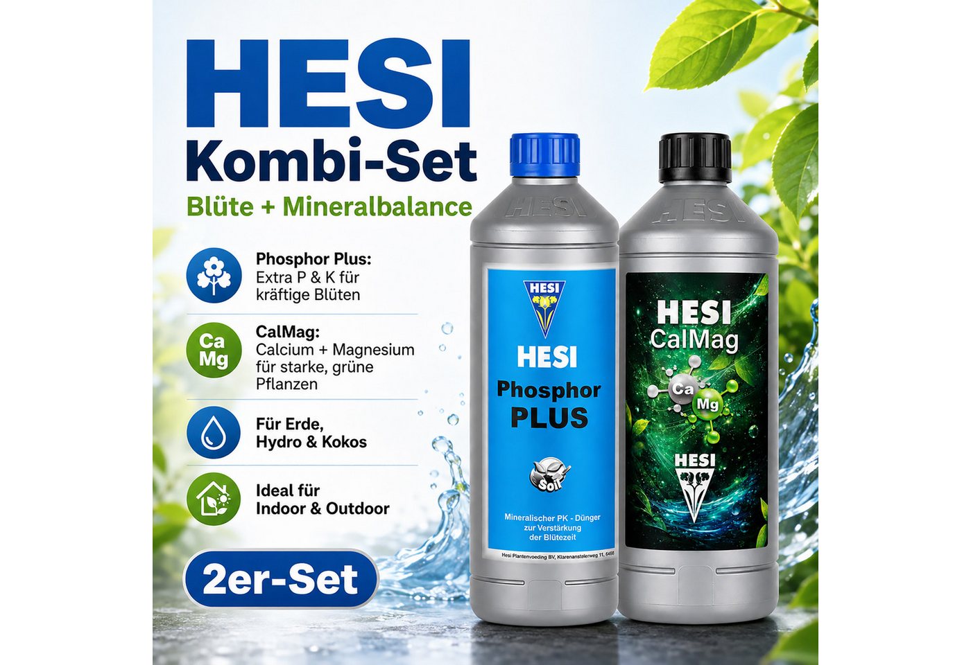 HESI Spezialdünger 1 Liter HESI Phosphor Plus + 1 Liter HESI CalMag, Grow Dünger Kombi, Kombiangebot, Blütenpracht Blütenelixier Zellwandstärkung