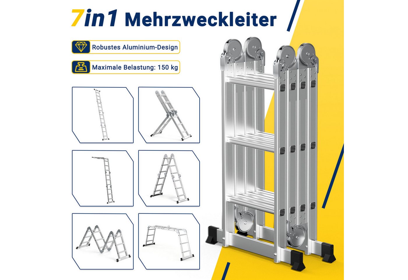 Clanmacy Teleskopleiter Aluminium-Gelenkleiter 4x3 Stufen, klappbare Mehrzweckleiter