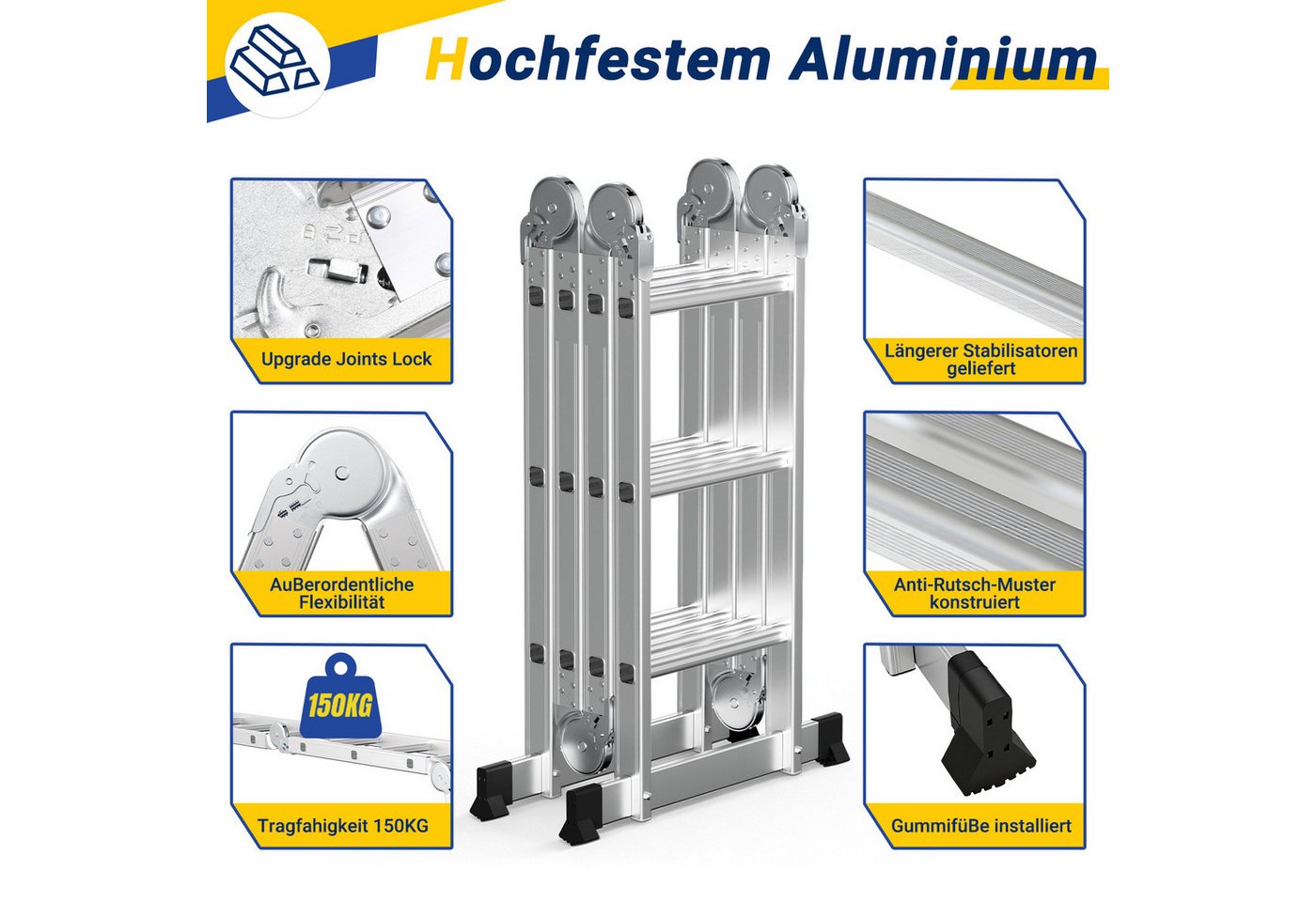Clanmacy Teleskopleiter Aluminium-Gelenkleiter 4x3 Stufen, klappbare Mehrzweckleiter Bild 3