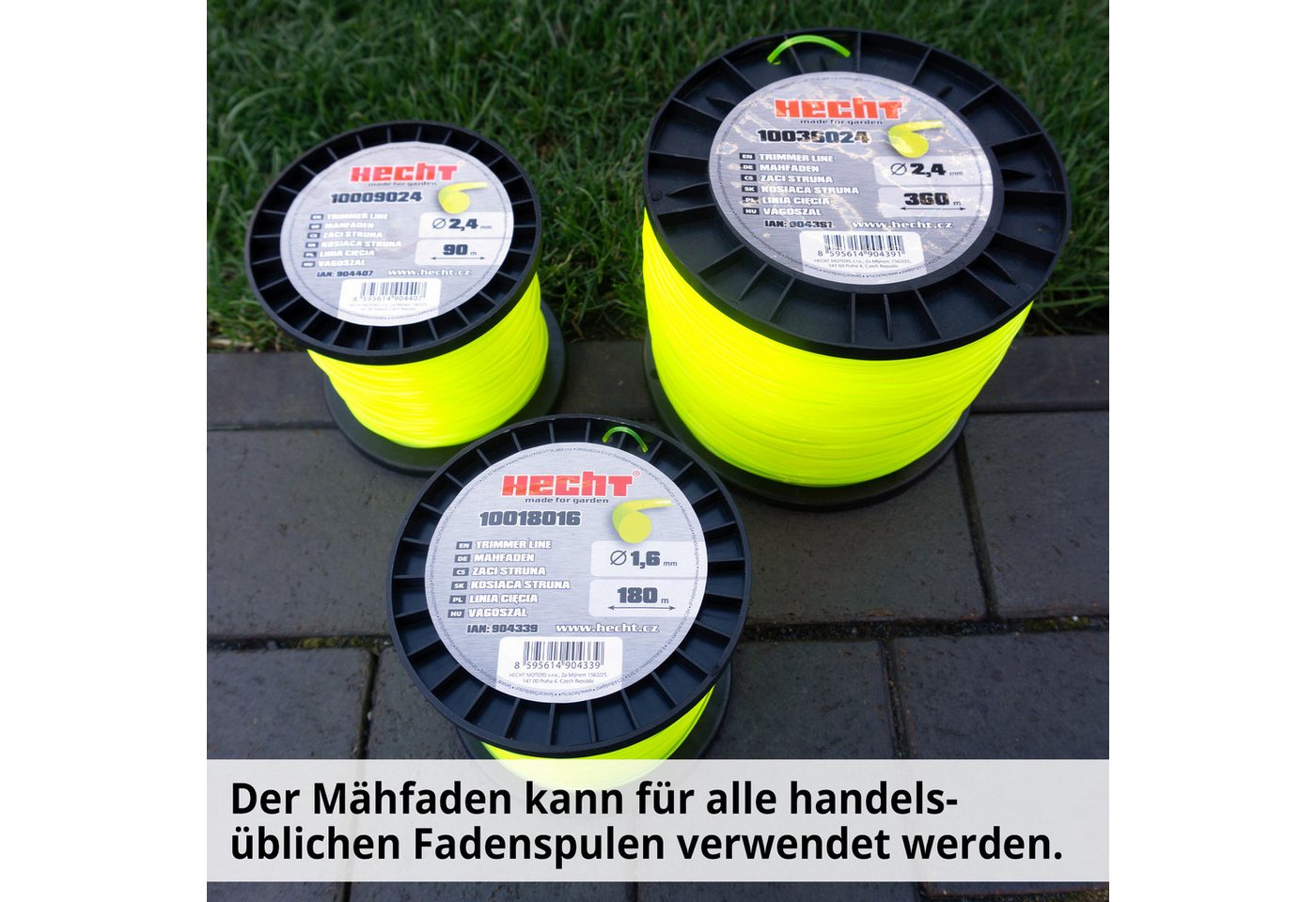 Hecht Rasentrimmer-Ersatzspule 10018016 Trimmerfaden 1,6 mm Mähfaden Nylonfaden neongelb, 180 m Fadenlänge, Rundfaden für Motorsense, reißfest, witterungsbeständig