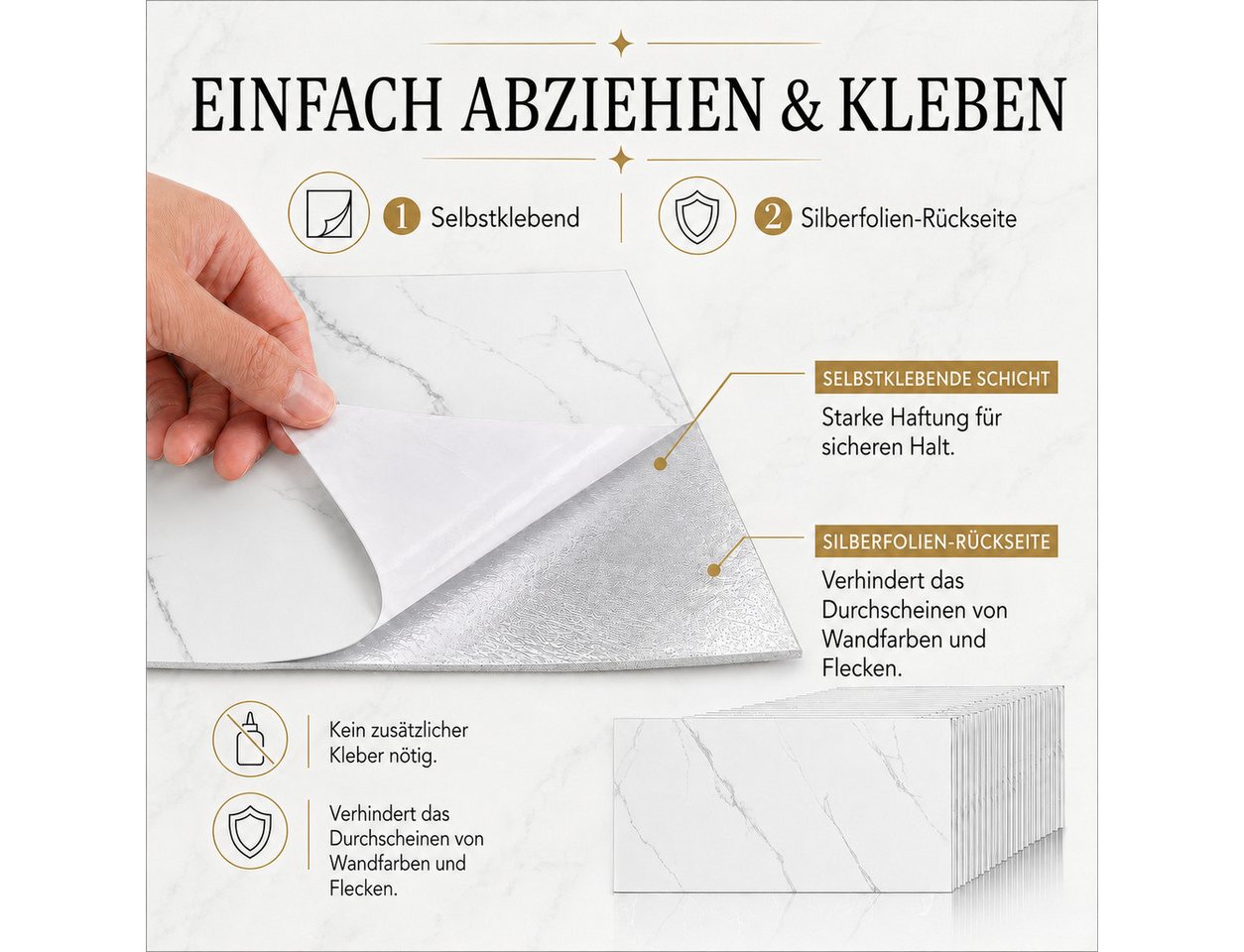 BlingBin Wandpaneel 20 Stück Wandaufkleber selbstklebend, klebepaneele 60 x 30 cm, BxL: 30x60 cm, 0,18 qm, (20er Set Wandpaneele, 20-tlg., wanddekor) wandverkleidung marmor, Wasserdicht, Selbstklebende Fliesen, wanddekor