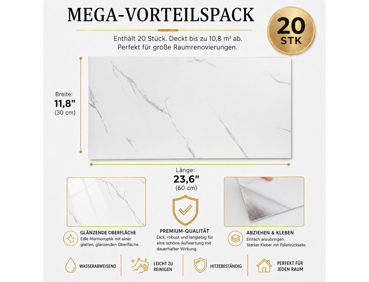 BlingBin Wandpaneel 20 Stück Wandaufkleber selbstklebend, klebepaneele 60 x 30 cm, BxL: 30x60 cm, 0,18 qm, (20er Set Wandpaneele, 20-tlg., wanddekor) wandverkleidung marmor, Wasserdicht, Selbstklebende Fliesen, wanddekor Bild 2