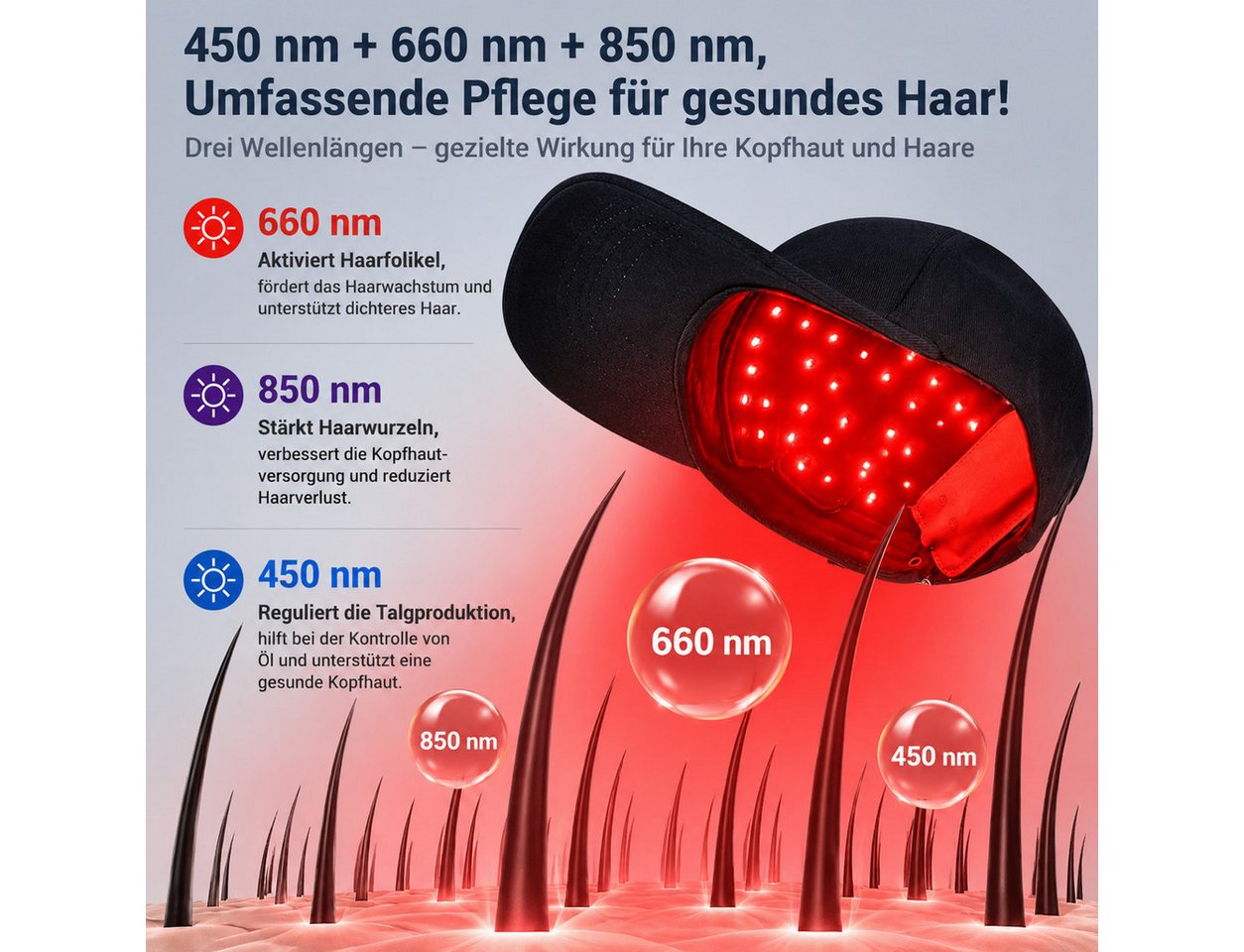 ibettertec Infrarotlampe Rotlicht-Haarwuchshaube, Infrarot Haarwuchskappe 450 nm/660 nm/850 nm, für Frauen & Männer, Kabellose Kopfhautpflege,700mAh, LED Lichttherapie Kappe,Rotlicht Haarpflege Kappe mit 4 Modi