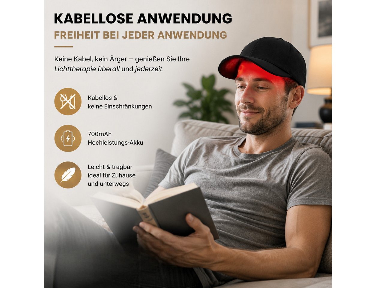 ibettertec Infrarotlampe Rotlicht-Haarwuchshaube, Infrarot Haarwuchskappe 450 nm/660 nm/850 nm, für Frauen & Männer, Kabellose Kopfhautpflege,700mAh, LED Lichttherapie Kappe,Rotlicht Haarpflege Kappe mit 4 Modi Bild 4