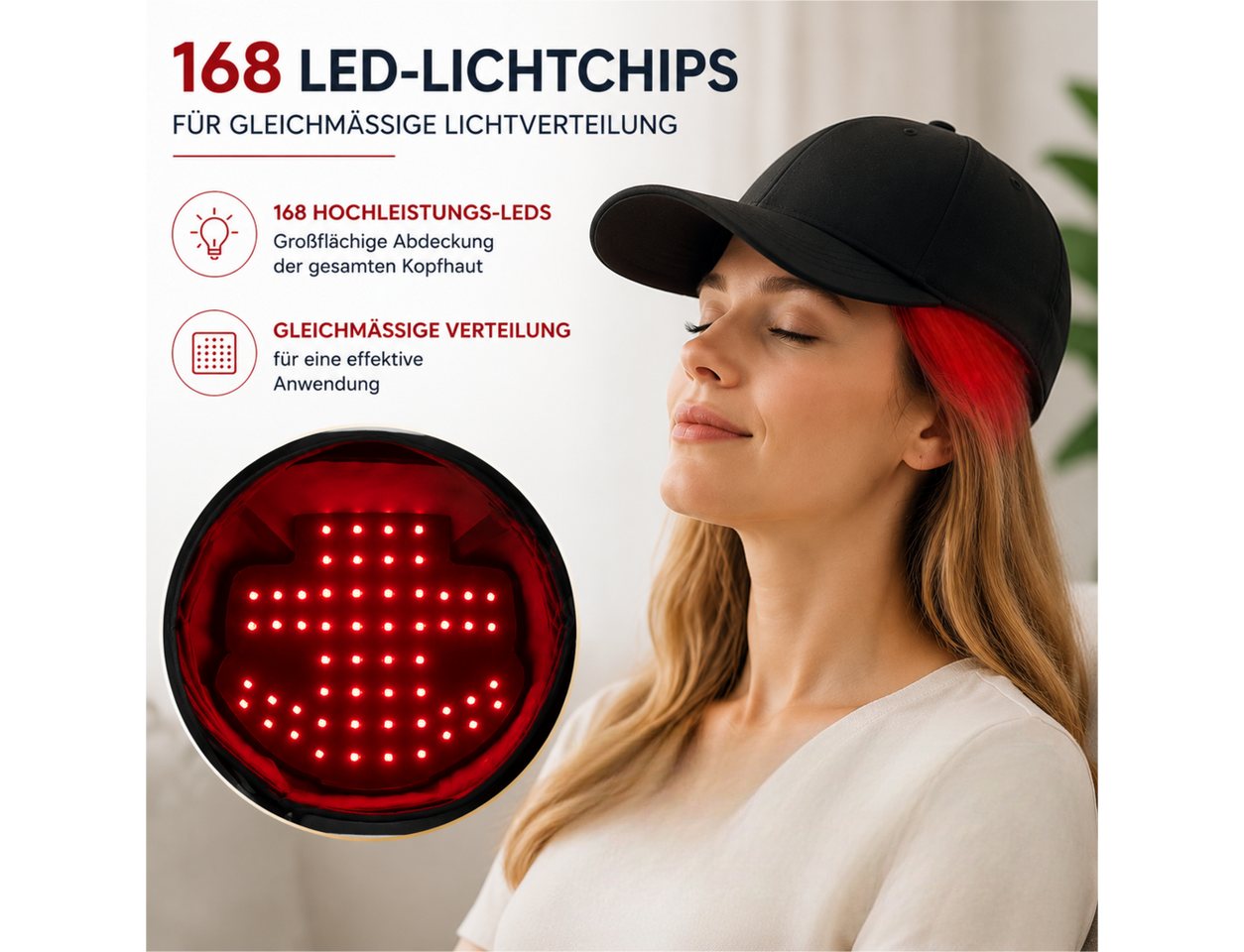 ibettertec Infrarotlampe Rotlicht-Haarwuchshaube, Infrarot Haarwuchskappe 450 nm/660 nm/850 nm, für Frauen & Männer, Kabellose Kopfhautpflege,700mAh, LED Lichttherapie Kappe,Rotlicht Haarpflege Kappe mit 4 Modi Bild 5