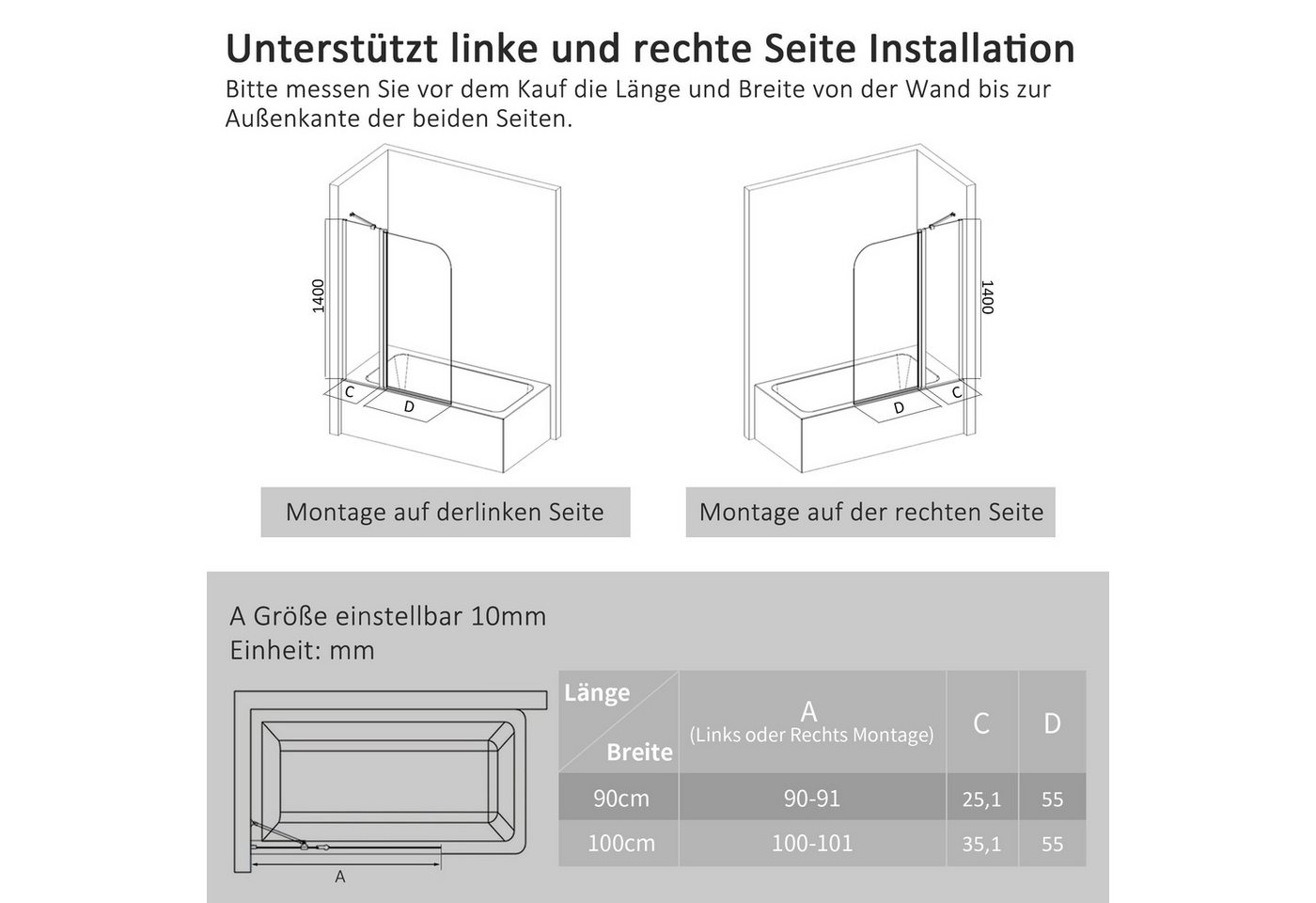 Boromal Duschwand für Badewanne Badewannenaufsatz 2 teilig faltbar mit Stabilisator, 5mm Sicherheitsglas, (Badewannenfaltwand 180° schwenkbar Faltwand, 90x140, 100x140cm), Rechts-und Links montierbar Bild 4