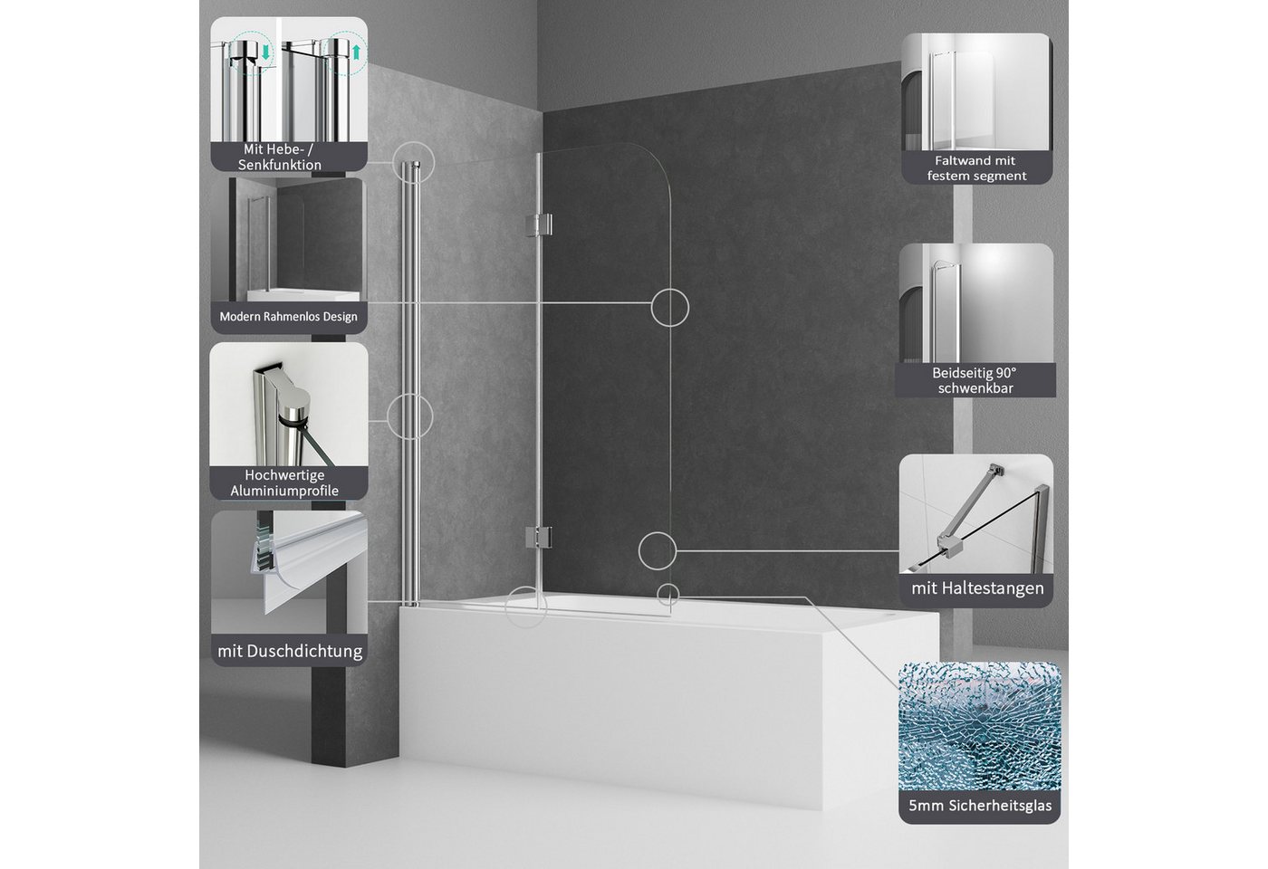 Boromal Duschwand für Badewanne Badewannenaufsatz 2 teilig faltbar mit Stabilisator, 5mm Sicherheitsglas, (Badewannenfaltwand 180° schwenkbar Faltwand, 90x140, 100x140cm), Rechts-und Links montierbar Bild 5