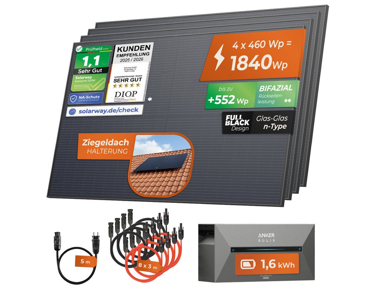 Solarway Balkonkraftwerk 1840 Wp / 800 Watt All in One mit 1,6 kWh Anker 2 Pro Speicher, 1840 W, Monokristallin, (460W Solarmodule & Anker Speicher & Zubehör), Komplettset Solaranlage Steckdose / Bifazial Bild 3