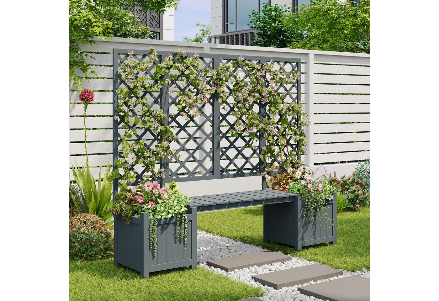 Celya Blumenständer Pflanzgefäße für den außenbereich holz außen mit Spalier und Sitz (Blumenkübel mit viel Platz, Blumenkasten Pflanzenkasten, Grau Massivholz Tanne), Pflanzgefäß mit Spalier als Rankhilfe Bild 5