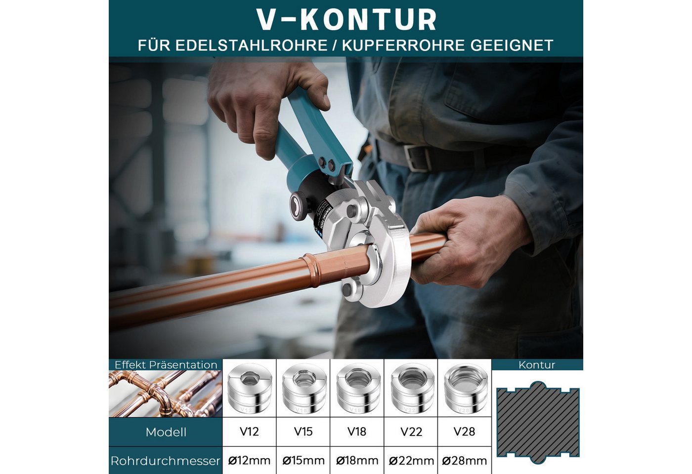 XERSEK Kneifzange Hydraulische Presszange V-Kontur Rohrpresszange Crimpzange, Presswerkzeug Handpresszange V12 V15 V18 V22 V28, Backeneinsätze mit Rohrabschneider, für Kupferrohr Und Verbundrohr Bild 2