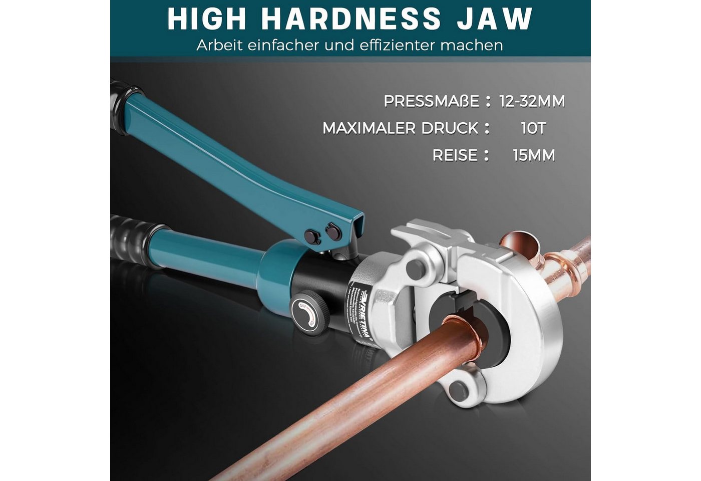 XERSEK Kneifzange Hydraulische Presszange V-Kontur Rohrpresszange Crimpzange, Presswerkzeug Handpresszange V12 V15 V18 V22 V28, Backeneinsätze mit Rohrabschneider, für Kupferrohr Und Verbundrohr Bild 3