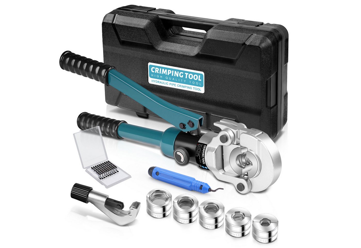 XERSEK Kneifzange Hydraulische Presszange V-Kontur Rohrpresszange Crimpzange, Presswerkzeug Handpresszange V12 V15 V18 V22 V28, Backeneinsätze mit Rohrabschneider, für Kupferrohr Und Verbundrohr Bild 4