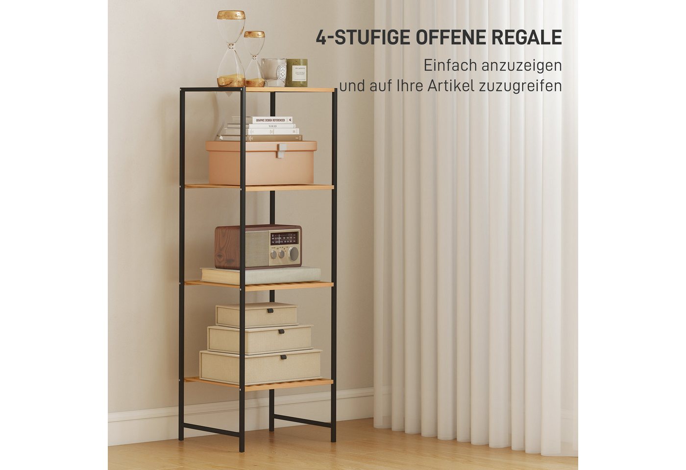 HOMCOM Standregal Badregal mit 4 Ablagen, 36,5x33x110cm, Natur, Aufbewahrungsregal 1-tlg., für Wohnzimmer, Schlafzimmer, Naturholz