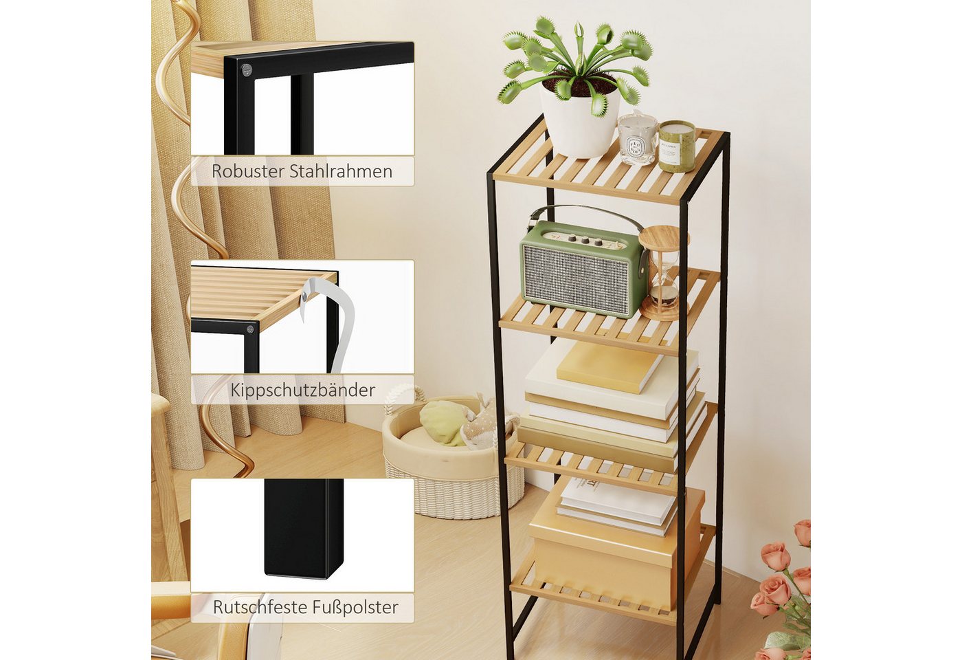 HOMCOM Standregal Badregal mit 4 Ablagen, 36,5x33x110cm, Natur, Aufbewahrungsregal 1-tlg., für Wohnzimmer, Schlafzimmer, Naturholz Bild 4