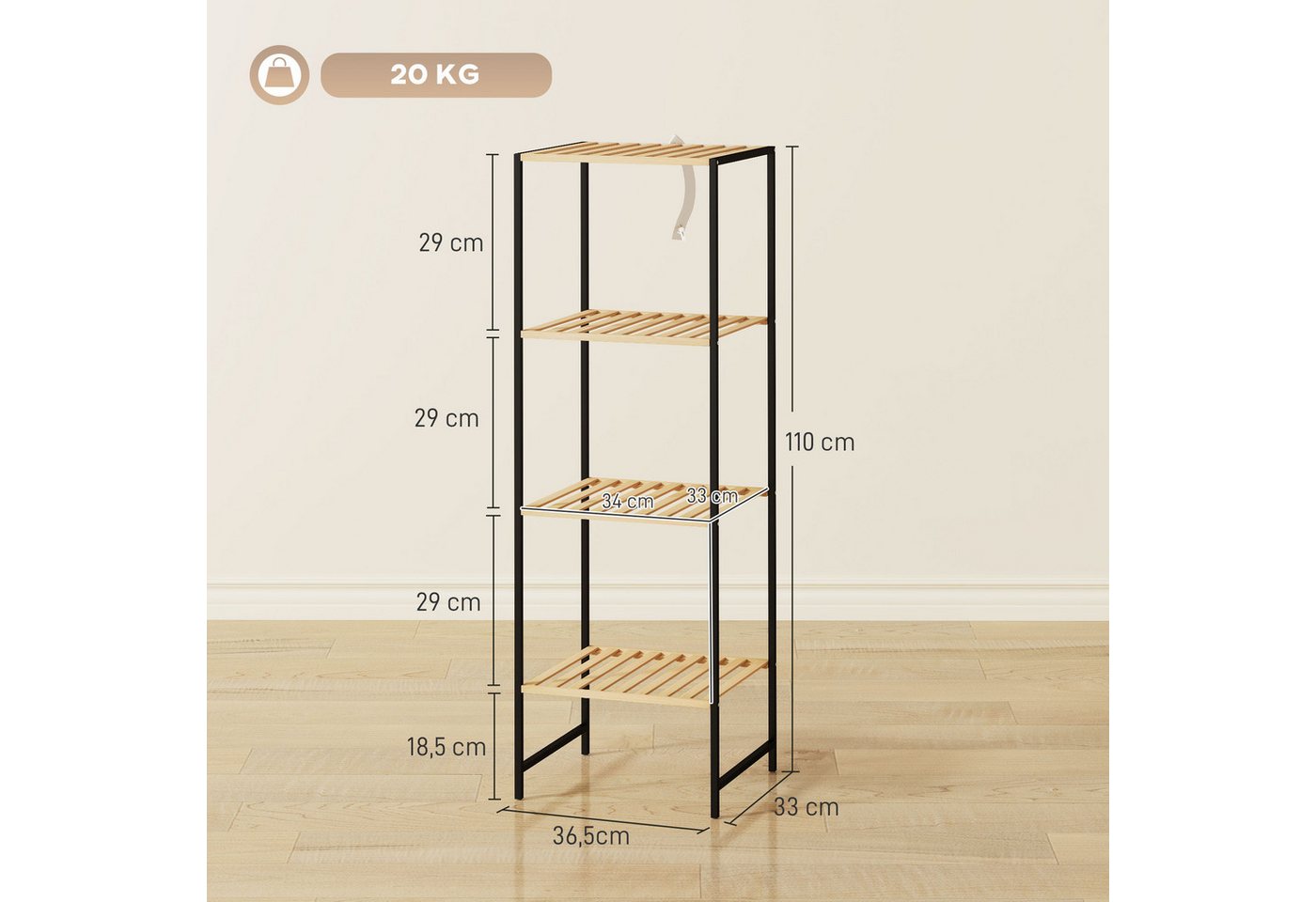 HOMCOM Standregal Badregal mit 4 Ablagen, 36,5x33x110cm, Natur, Aufbewahrungsregal 1-tlg., für Wohnzimmer, Schlafzimmer, Naturholz Bild 5