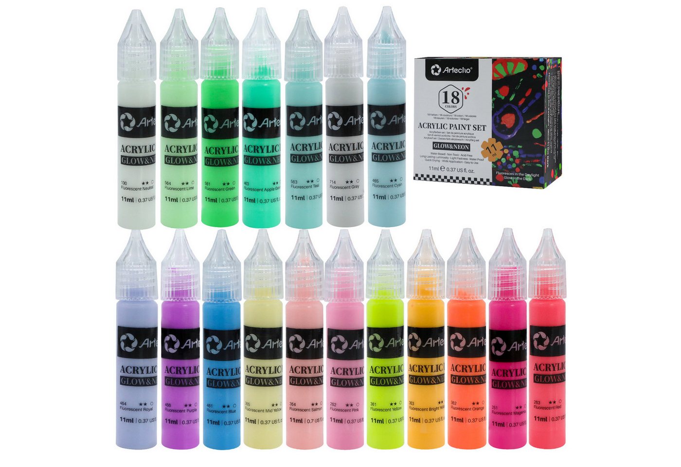 Artecho Acrylfarbe Set - Glow & Neon Farben 18 x 11 ml mit feiner Dosierspitze, fluoreszierende UV-Farbe für Leinwand, Stein, Holz & kreative Deko