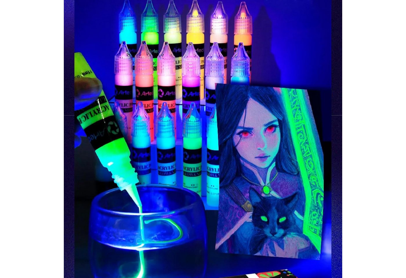 Artecho Acrylfarbe Set - Glow & Neon Farben 18 x 11 ml mit feiner Dosierspitze, fluoreszierende UV-Farbe für Leinwand, Stein, Holz & kreative Deko Bild 2