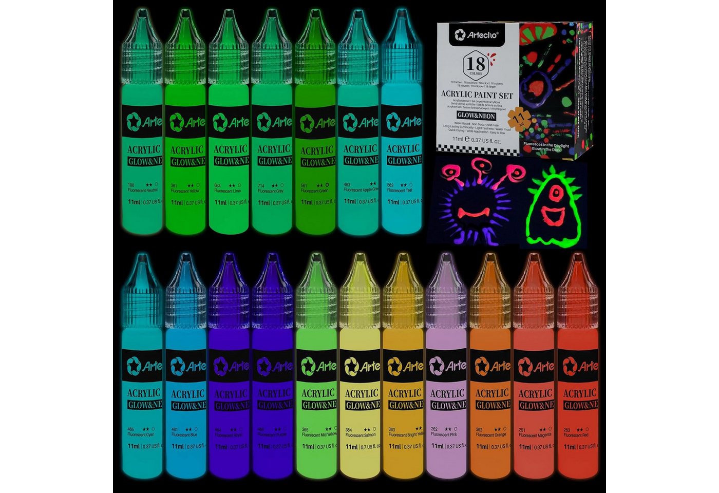 Artecho Acrylfarbe Set - Glow & Neon Farben 18 x 11 ml mit feiner Dosierspitze, fluoreszierende UV-Farbe für Leinwand, Stein, Holz & kreative Deko Bild 3
