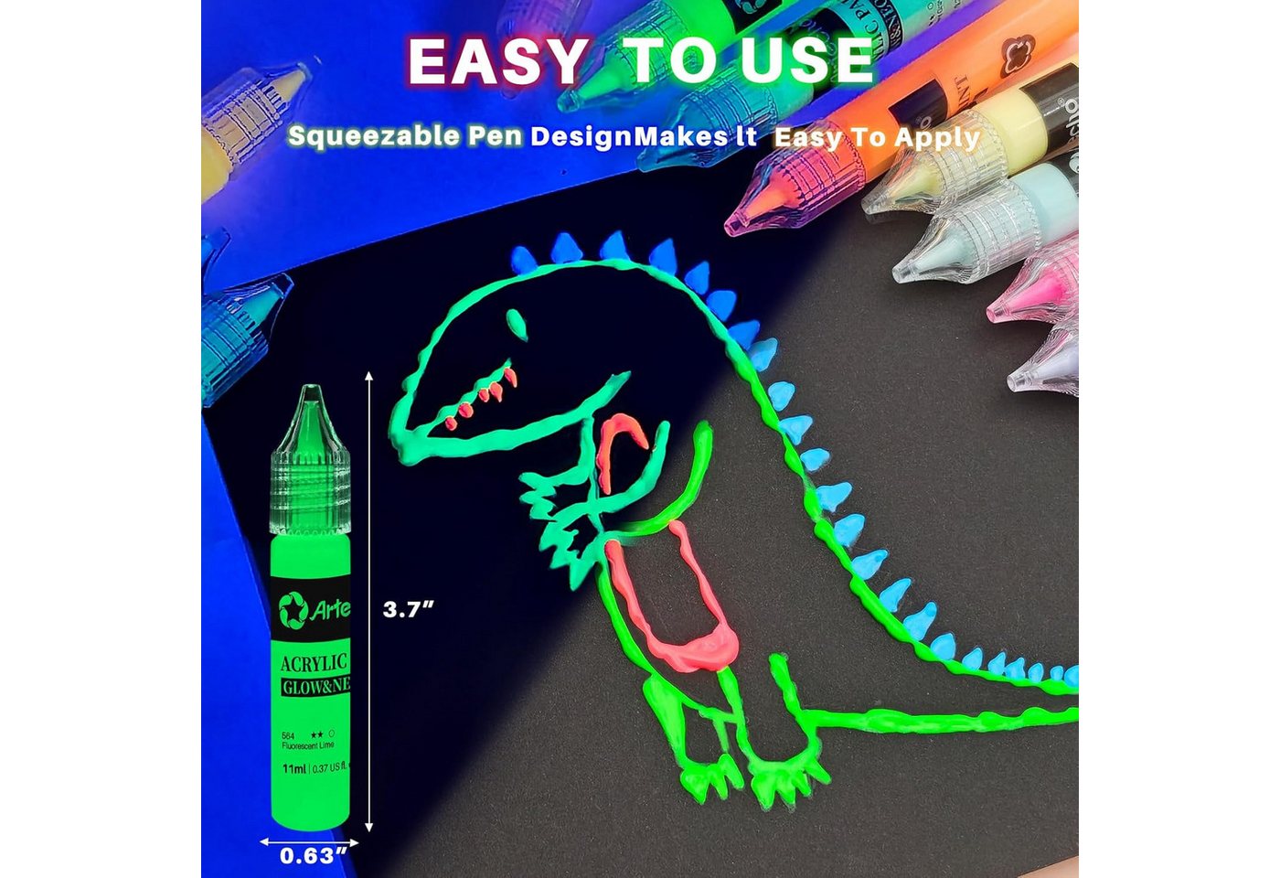Artecho Acrylfarbe Set - Glow & Neon Farben 18 x 11 ml mit feiner Dosierspitze, fluoreszierende UV-Farbe für Leinwand, Stein, Holz & kreative Deko Bild 4