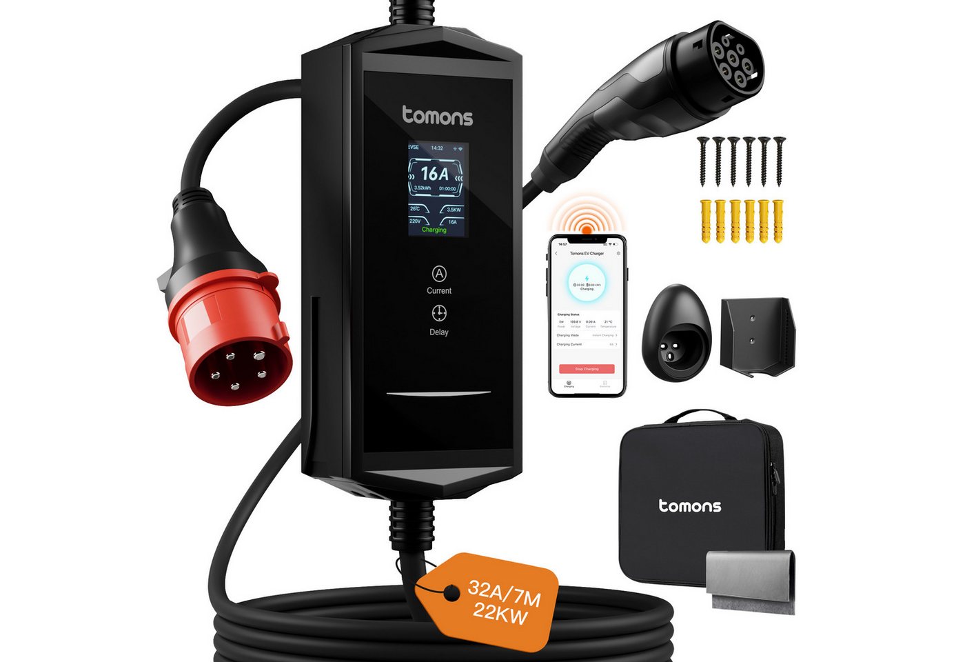 Tomons Mobile Wallbox 22kw mit APP,Typ 2 Ladekabel 7M, 2,4" LCD, IP65 Autoladekabel, Einstellbarer Ladeleistung&startzeit Bild 2