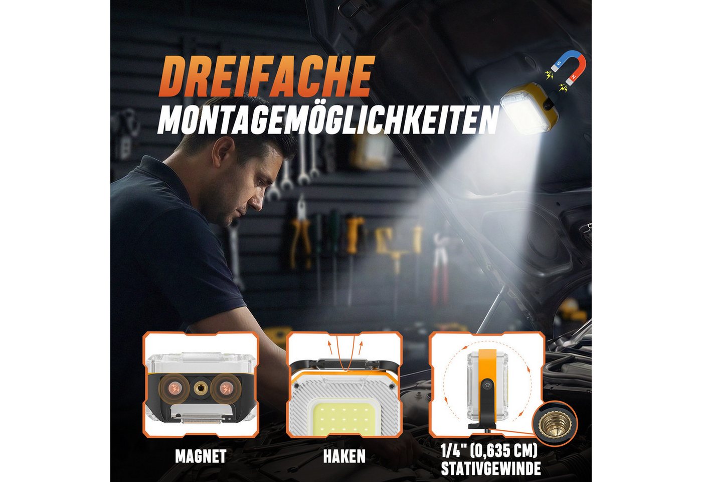 Quntis LED Taschenlampe Mini Arbeitsleuchte 1 Stück, Doppelseitige COB & LED Camping Licht (1-St), Notlicht mit Drehbarem Magnetfuß, Inspektionslampe für Camping Bild 3