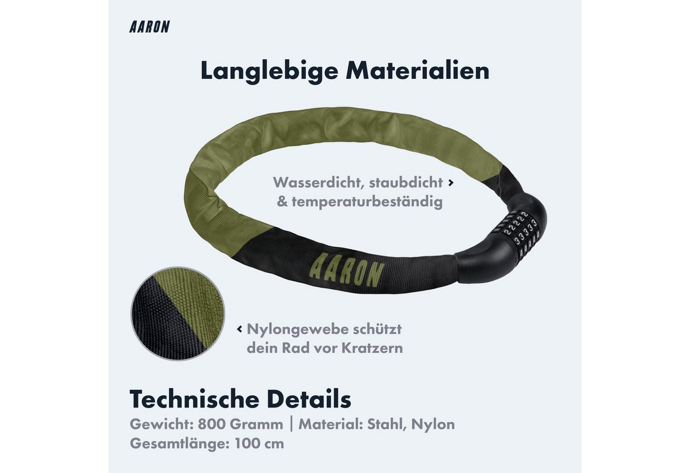 AARON Kettenschloss Lock One Fahrradschloss mit Zahlencode 100 cm Stahl Stadtrad Tour