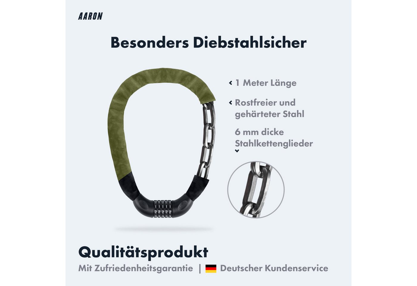 AARON Kettenschloss Lock One Fahrradschloss mit Zahlencode 100 cm Stahl Stadtrad Tour Bild 5