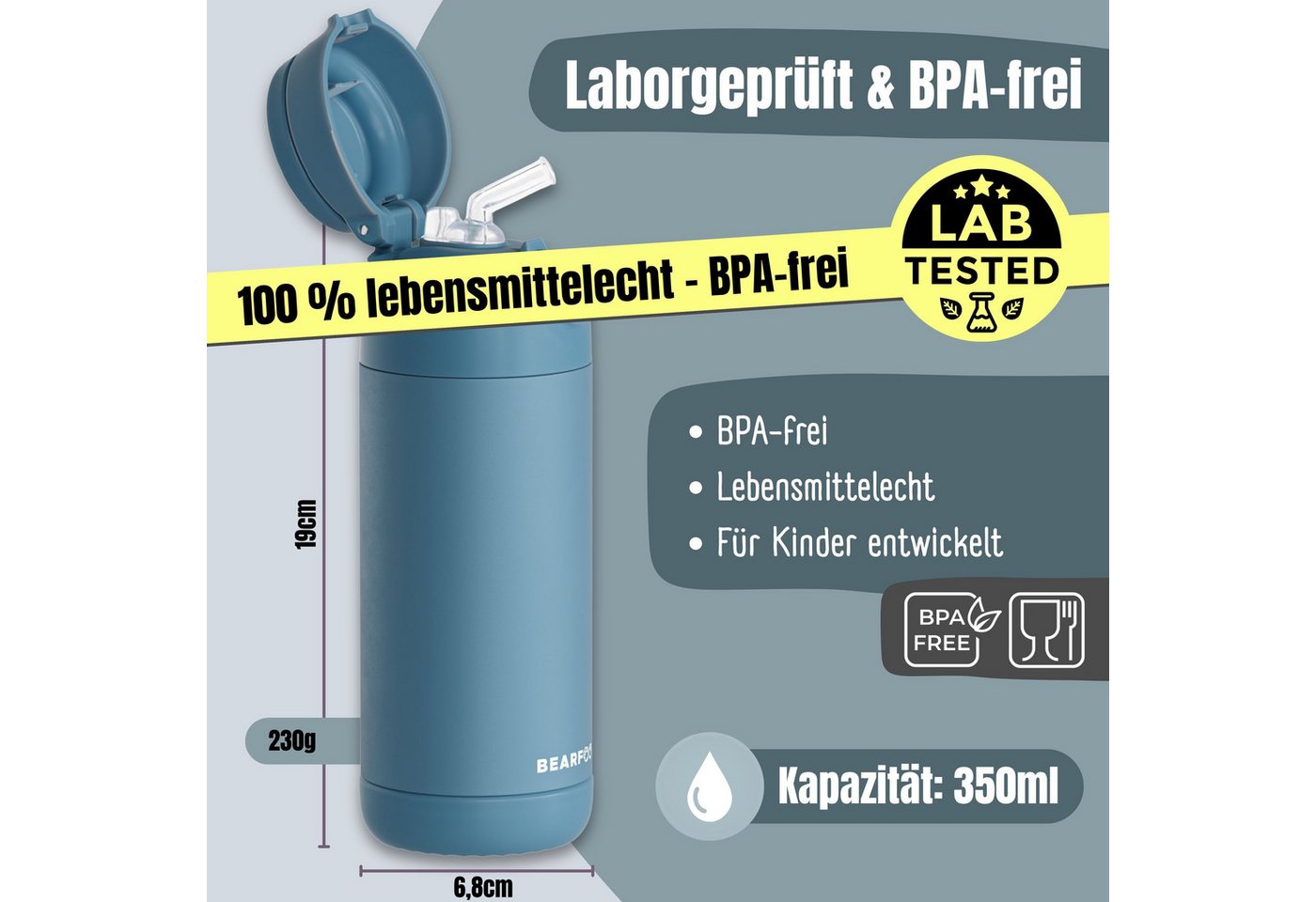 BEARFOOT Trinkflasche Thermo Kinder Trinkflasche Edelstahl - blau, Thermosflasche, auslaufsicher, Edelstahl, Kinderflasche, BPA-frei Bild 2