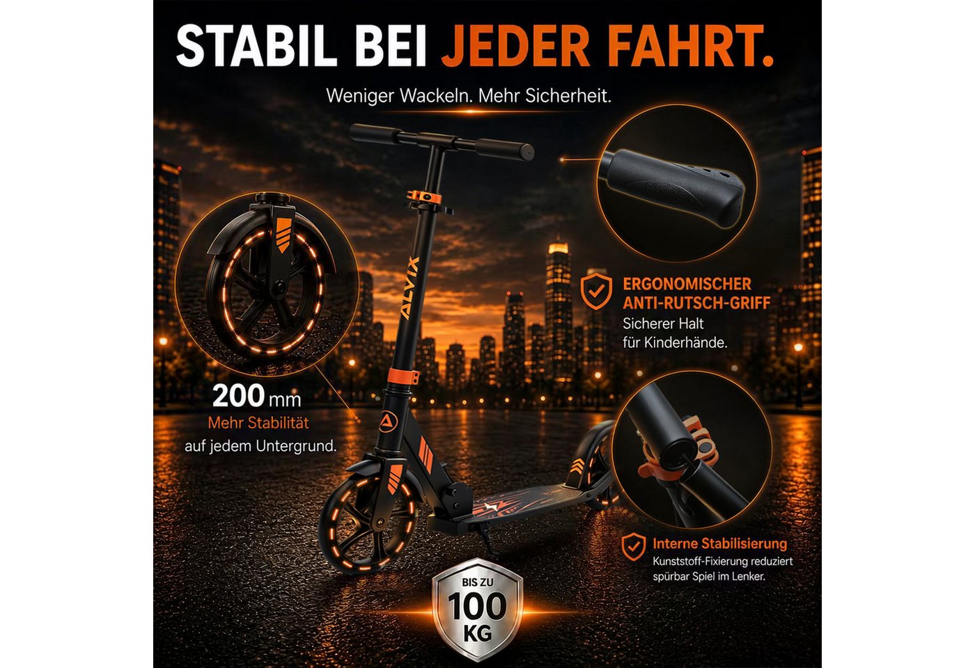 ALVIX Cityroller Kinderroller K-Serie, (Einzelartikel, 1 Scooter, 1 Tragegurt, 1 Bedienungsanleitung), 200-mm-LED-Räder, breites 120-mm-Deck, faltbar, Tragegurt