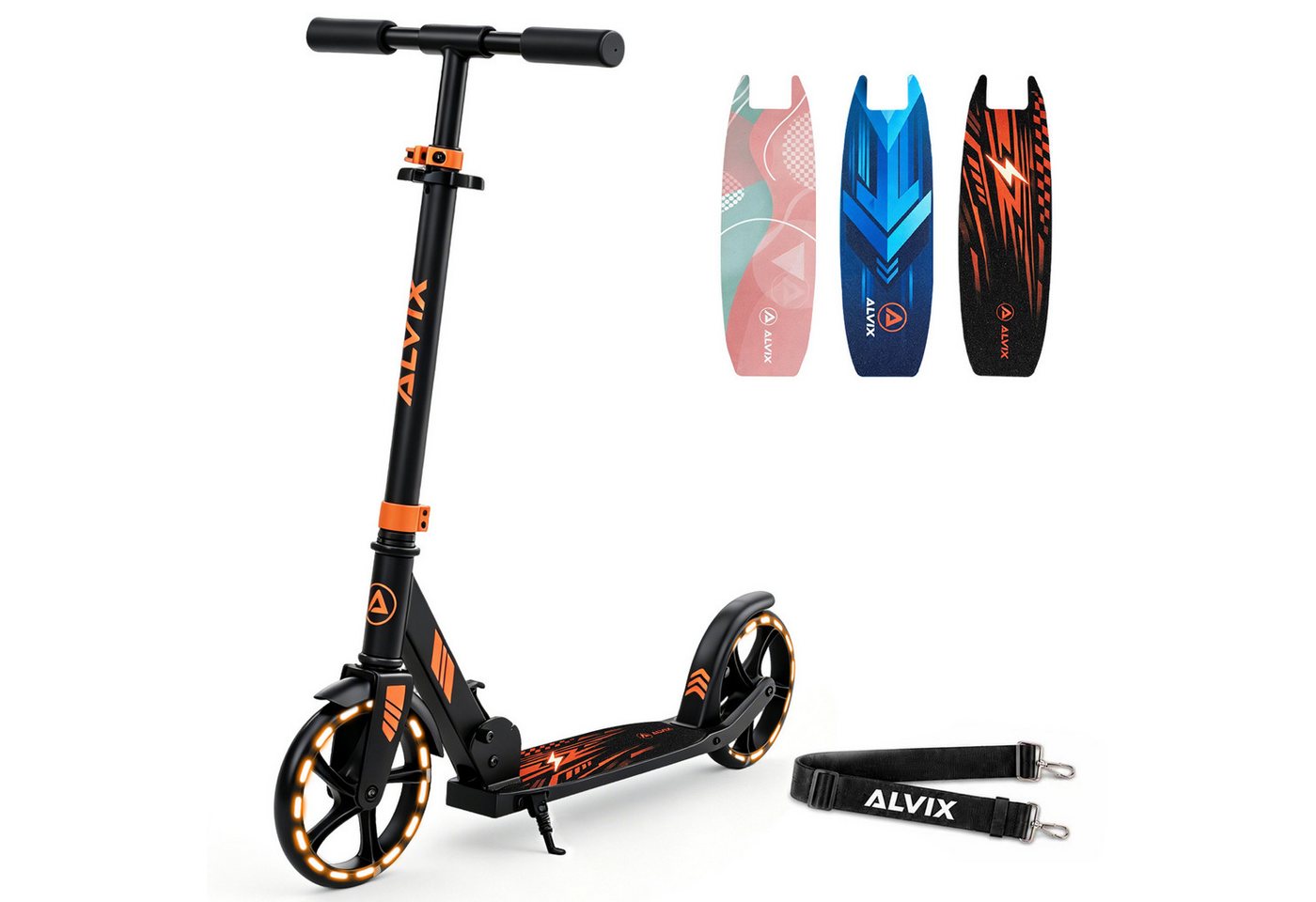 ALVIX Cityroller Kinderroller K-Serie, (Einzelartikel, 1 Scooter, 1 Tragegurt, 1 Bedienungsanleitung), 200-mm-LED-Räder, breites 120-mm-Deck, faltbar, Tragegurt Bild 2
