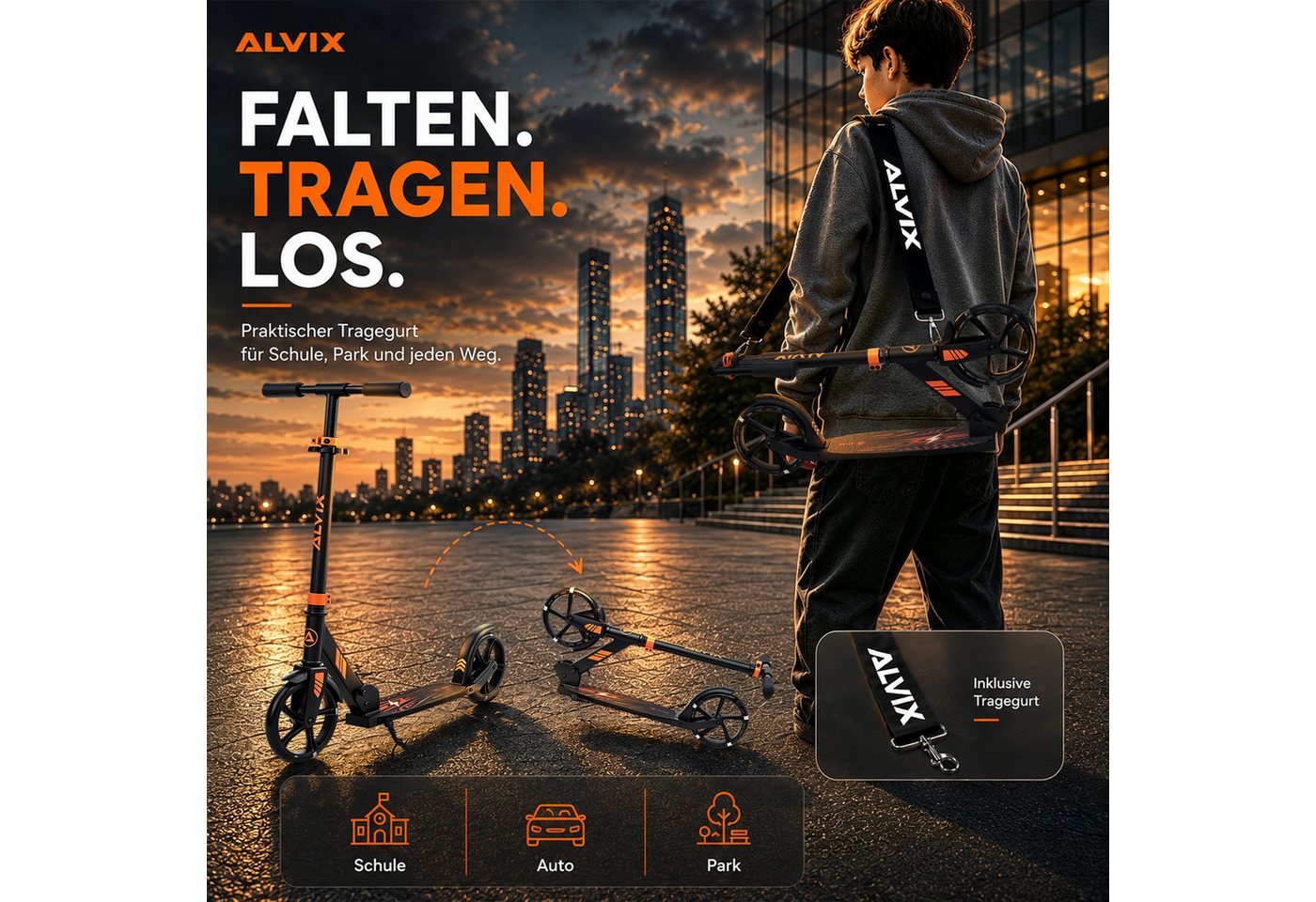 ALVIX Cityroller Kinderroller K-Serie, (Einzelartikel, 1 Scooter, 1 Tragegurt, 1 Bedienungsanleitung), 200-mm-LED-Räder, breites 120-mm-Deck, faltbar, Tragegurt Bild 3