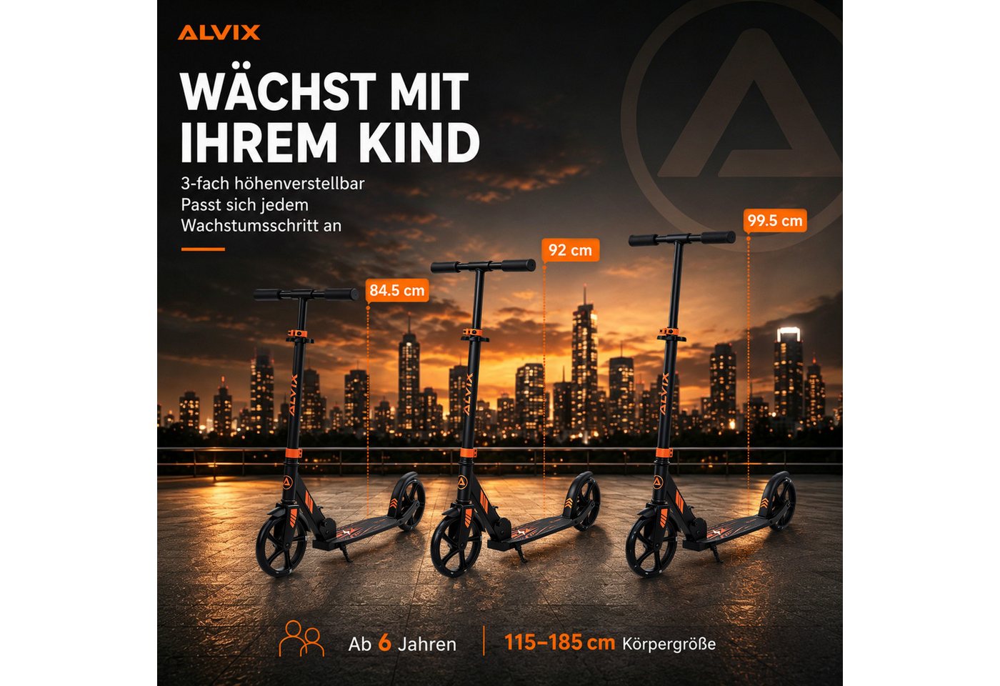 ALVIX Cityroller Kinderroller K-Serie, (Einzelartikel, 1 Scooter, 1 Tragegurt, 1 Bedienungsanleitung), 200-mm-LED-Räder, breites 120-mm-Deck, faltbar, Tragegurt Bild 4