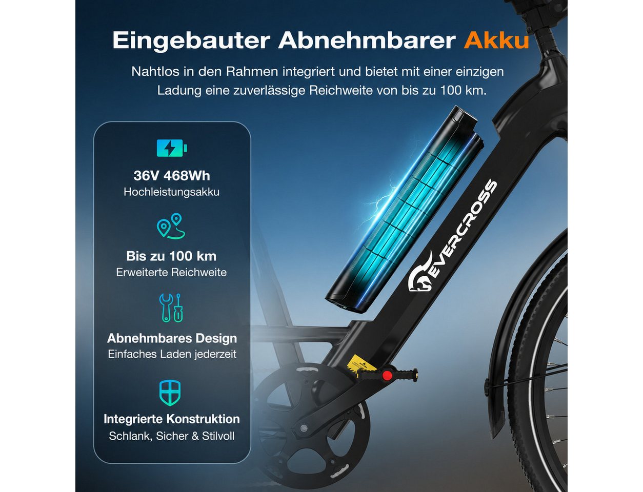 EVERCROSS TECH E-Bike EK25 für Erwachsene, Drehmomentsensor, 36V 468Wh, 60-100km Reichweite, 7 Gang Shimano, Heckmotor, 468 Wh, 27,5 Zoll, 7-Gang Shimano, App Bluetooth Steuerung, mit Gepäckträger Bild 4