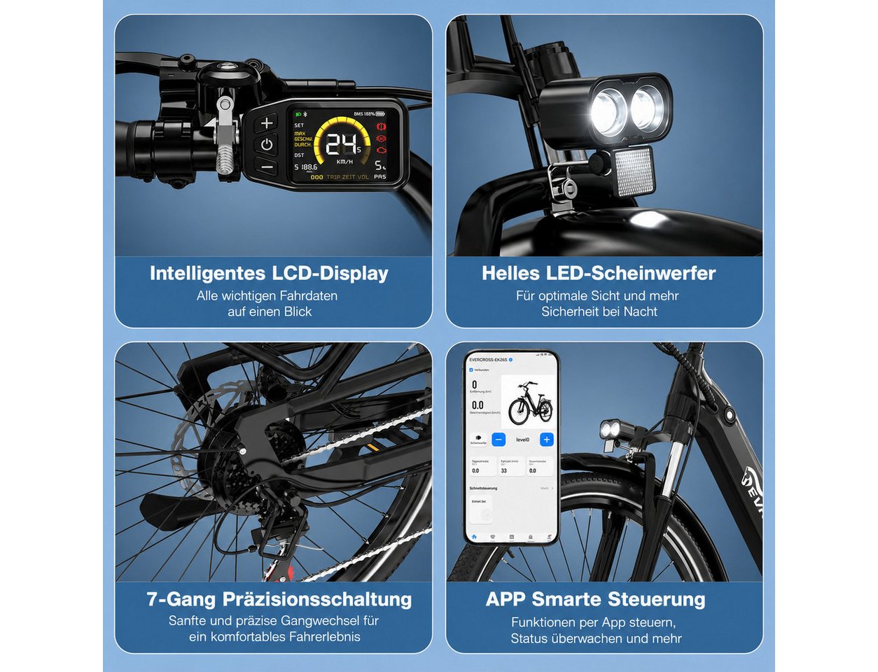 EVERCROSS TECH E-Bike EK25 für Erwachsene, Drehmomentsensor, 36V 468Wh, 60-100km Reichweite, 7 Gang Shimano, Heckmotor, 468 Wh, 27,5 Zoll, 7-Gang Shimano, App Bluetooth Steuerung, mit Gepäckträger Bild 5