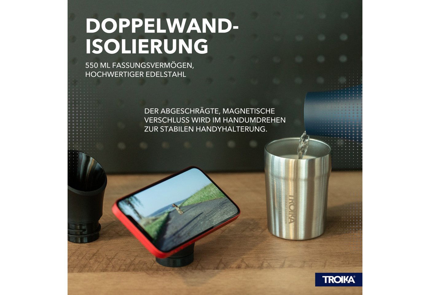TROIKA Trinkflasche mit MagSafe handyhalter STAND BY ME, Thermoflasche 550ml aus Edelstahl, vakuumisoliert doppelwandig, 12h heiß 24h kalt, in 3 Farben Bild 4