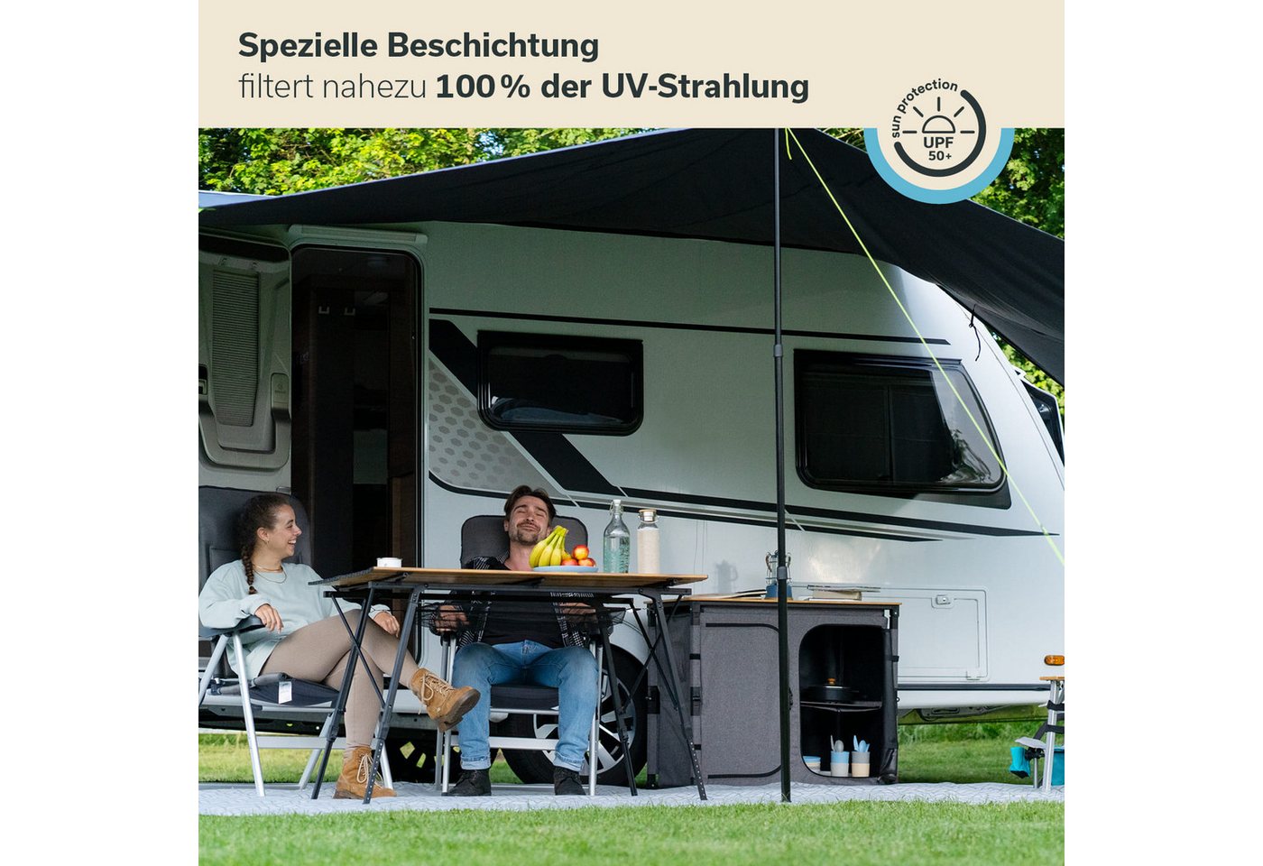 Skandika Vorzelt Sonnensegel Freeway Caravan 4m, Befestigung am Fahrzeug Kederleiste, (Maße (90+400+90) × 400 cm, Inklusive 3 Aufstellstangen), Markise für Wohnwagen, Sonnendach, Vorzelt, UV-Schutz 50+ Bild 3
