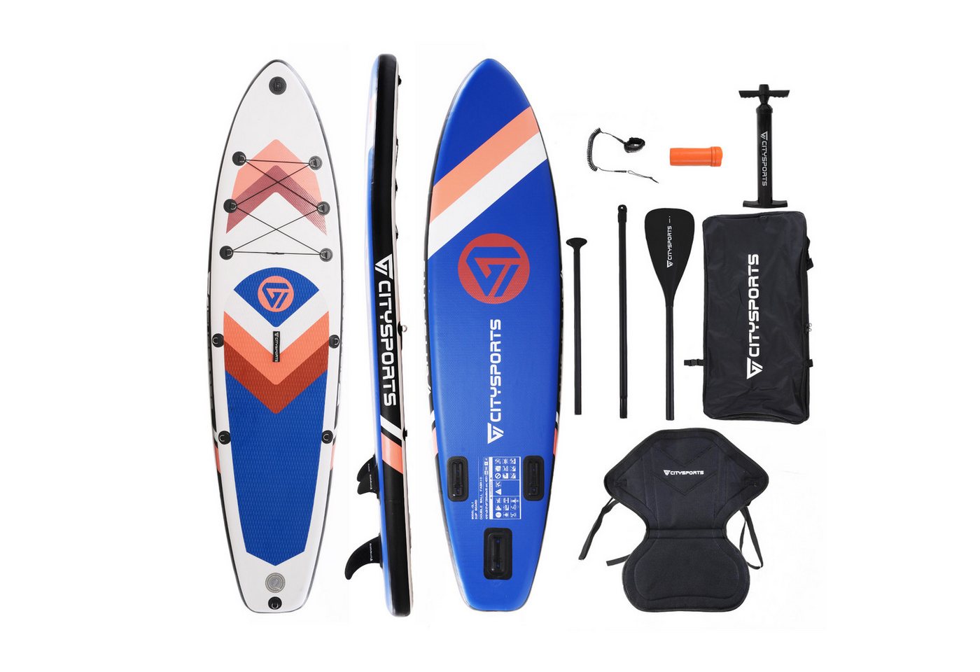 CITYSPORTS Inflatable SUP-Board aufblasbares Stand Up Paddle Board set bis 160/220 kg, Komplettset mit Paddel, Pumpe, Rucksack, Leash, Finnen & Kajak-Sitz