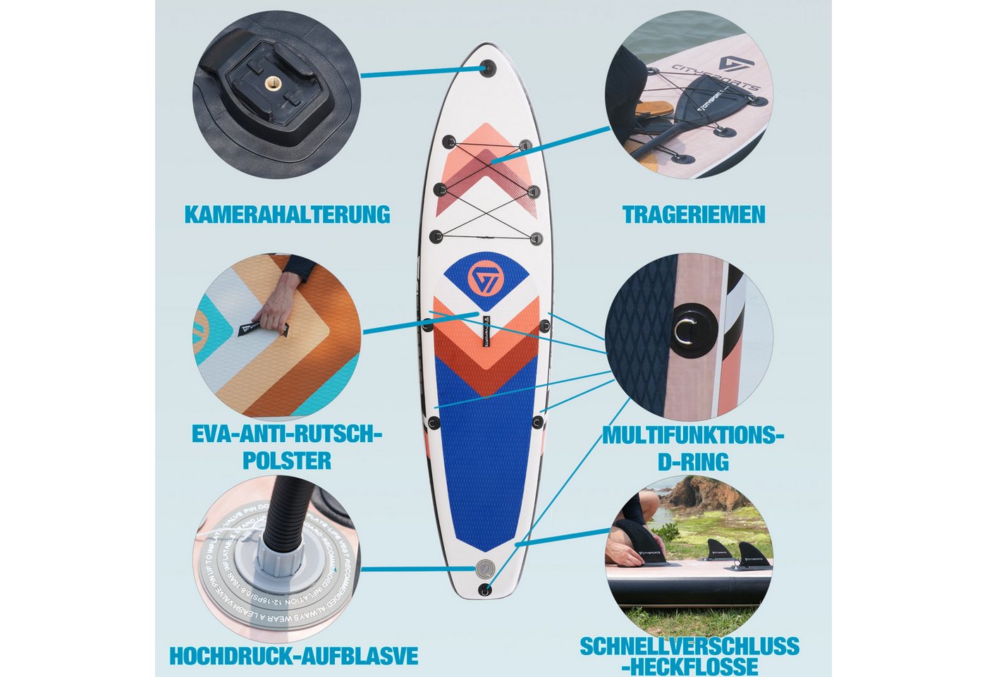 CITYSPORTS Inflatable SUP-Board aufblasbares Stand Up Paddle Board set bis 160/220 kg, Komplettset mit Paddel, Pumpe, Rucksack, Leash, Finnen & Kajak-Sitz Bild 2