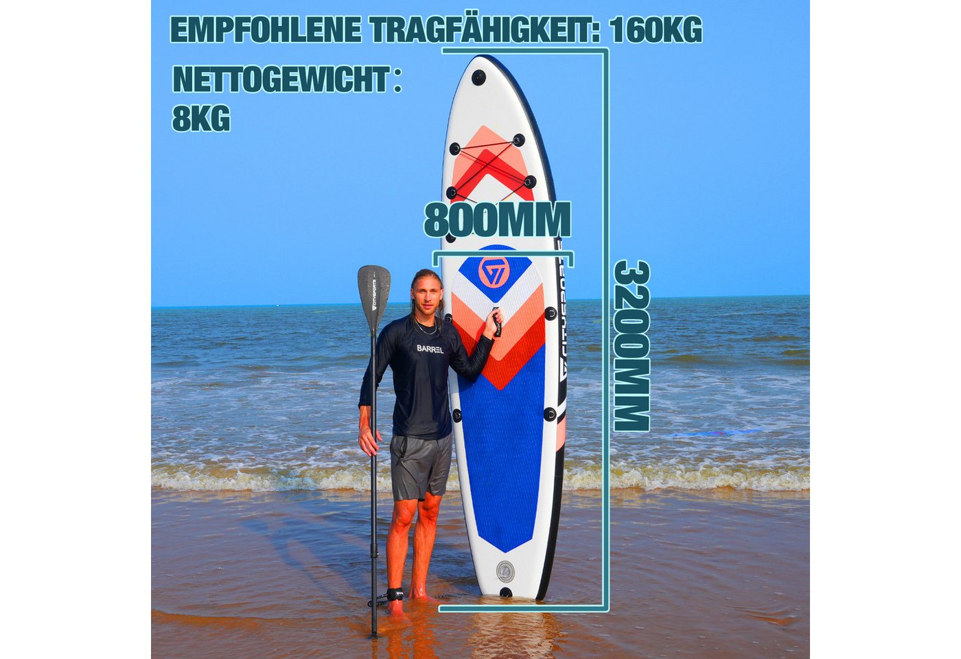 CITYSPORTS Inflatable SUP-Board aufblasbares Stand Up Paddle Board set bis 160/220 kg, Komplettset mit Paddel, Pumpe, Rucksack, Leash, Finnen & Kajak-Sitz Bild 3