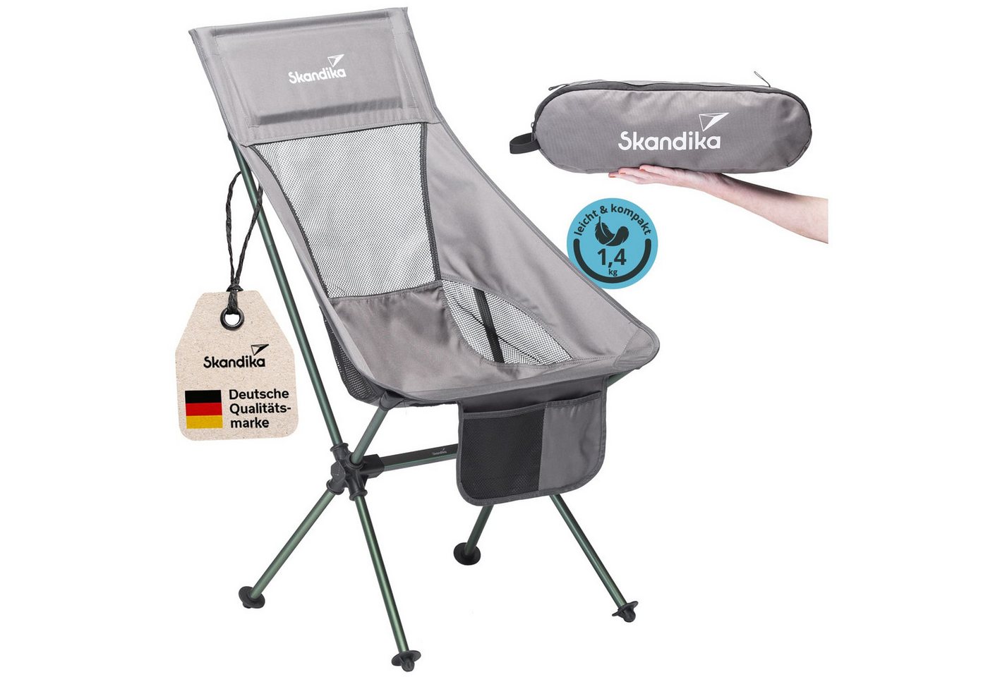 Skandika Campingstuhl Compact, Klappstuhl, Gartenstuhl, Faltstuhl, Outdoor, Balkon (Organizer-Tasche, Cool-Mesh-Einsätze, Kunststofffüße mit Schutztellern), bis 150 kg, klein, leicht, Anglerstuhl, stabil, gepolstert, Camping