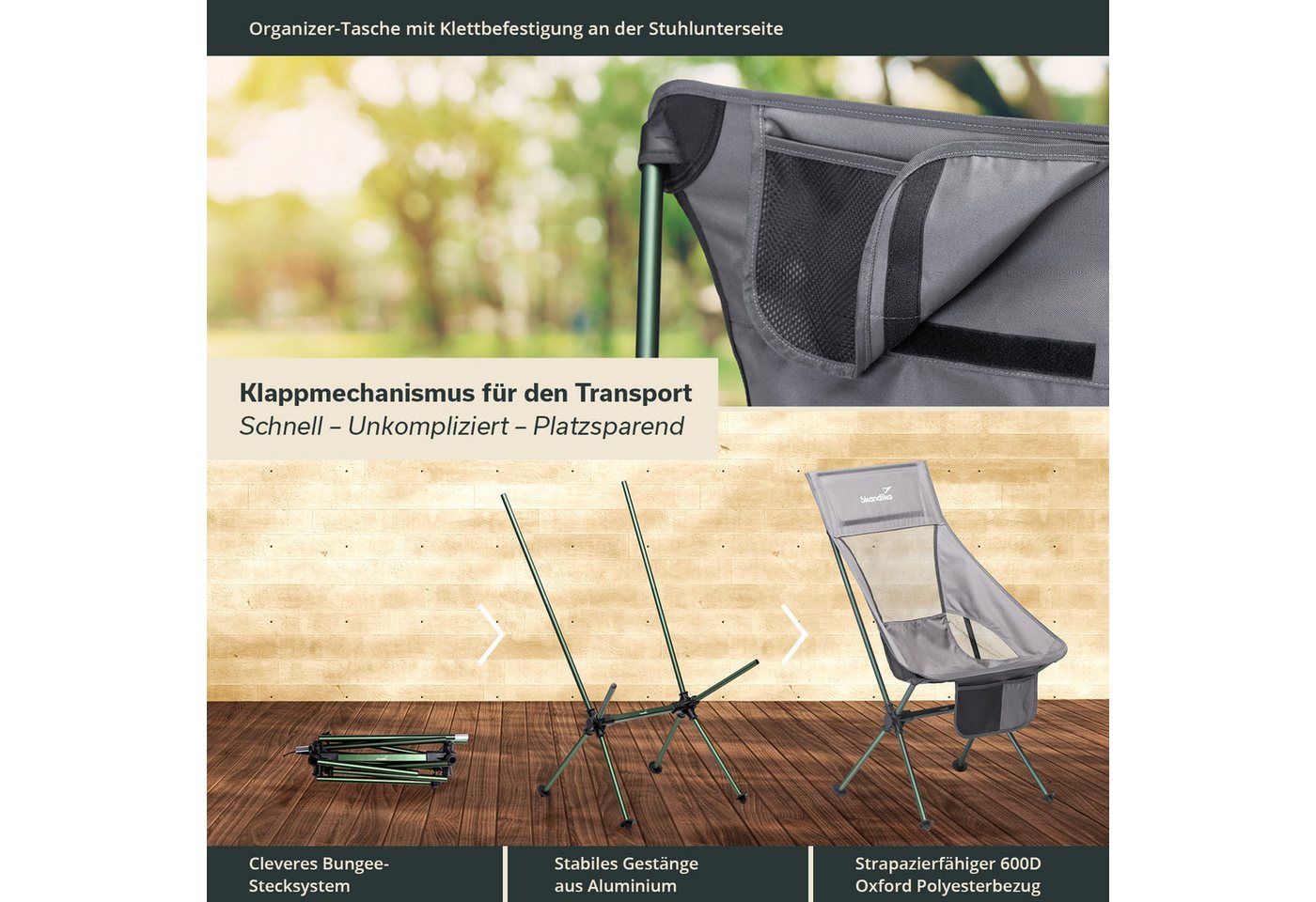 Skandika Campingstuhl Compact, Klappstuhl, Gartenstuhl, Faltstuhl, Outdoor, Balkon (Organizer-Tasche, Cool-Mesh-Einsätze, Kunststofffüße mit Schutztellern), bis 150 kg, klein, leicht, Anglerstuhl, stabil, gepolstert, Camping Bild 3
