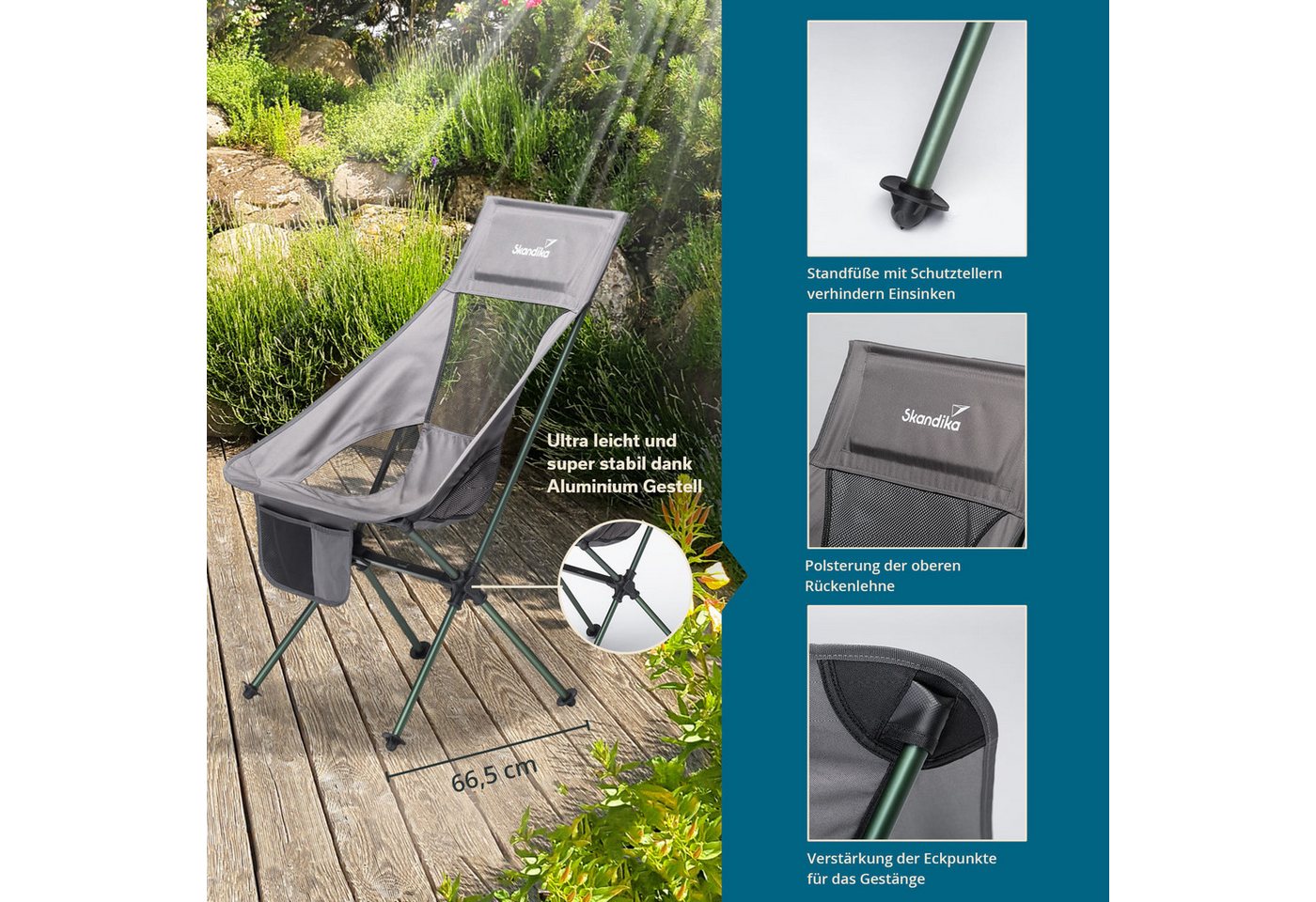 Skandika Campingstuhl Compact, Klappstuhl, Gartenstuhl, Faltstuhl, Outdoor, Balkon (Organizer-Tasche, Cool-Mesh-Einsätze, Kunststofffüße mit Schutztellern), bis 150 kg, klein, leicht, Anglerstuhl, stabil, gepolstert, Camping Bild 4