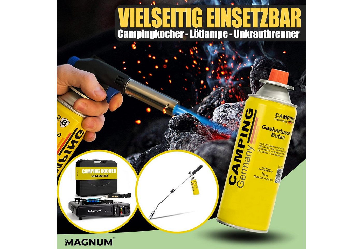 Magnum Wave Gaskartusche Gaskartuschen 12x 227 g [Made in EU] Butangas MSF-1a EN417, Zubehör für Camping, Grill, Gasheizung, Unkrautbrenner, Bunsenbrenner, Lötlampe, 12 St., 12 x 227 g · Made in EU · MSF-1a Ventil · EN417